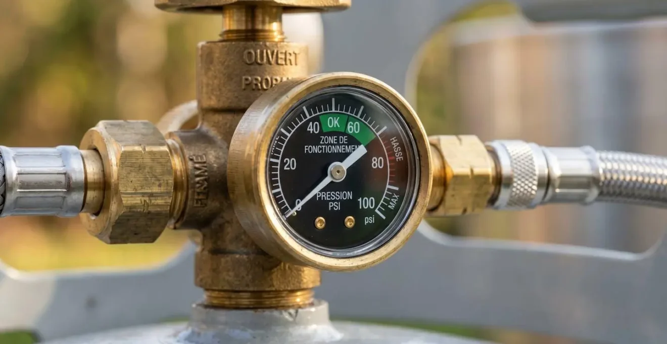 Gros plan sur une jauge ou valve de citerne propane avec surface métallique moderne et nette en lumière naturelle