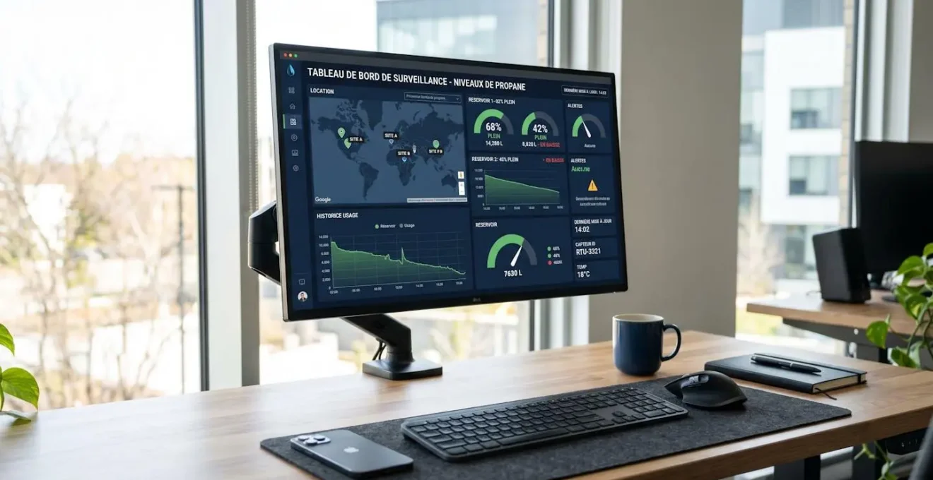 Écran d'ordinateur affichant le tableau de bord de monitoring d'une citerne propane avec niveau de remplissage et jauge connectée dans un bureau professionnel moderne