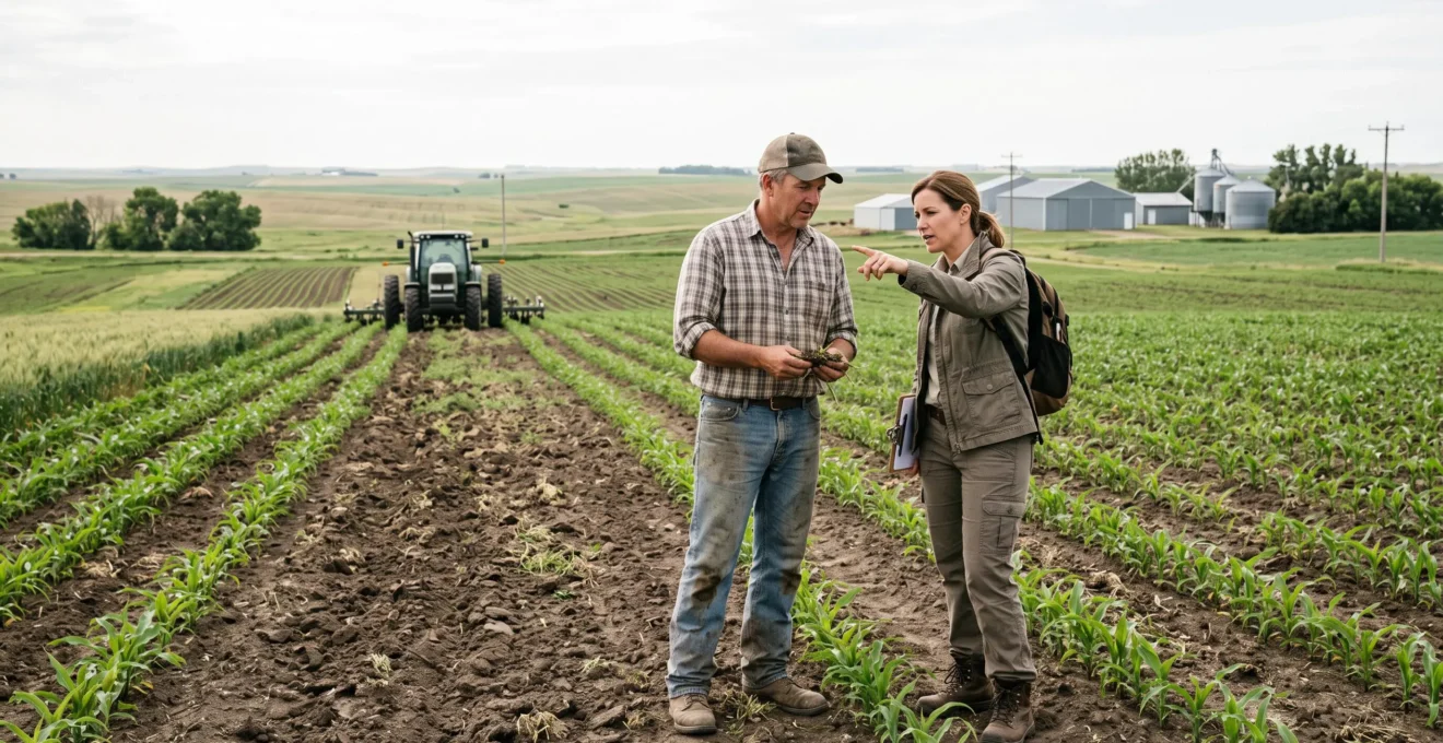 Un agriculteur et une ingénieure agronome examinent une parcelle de culture à la ferme.