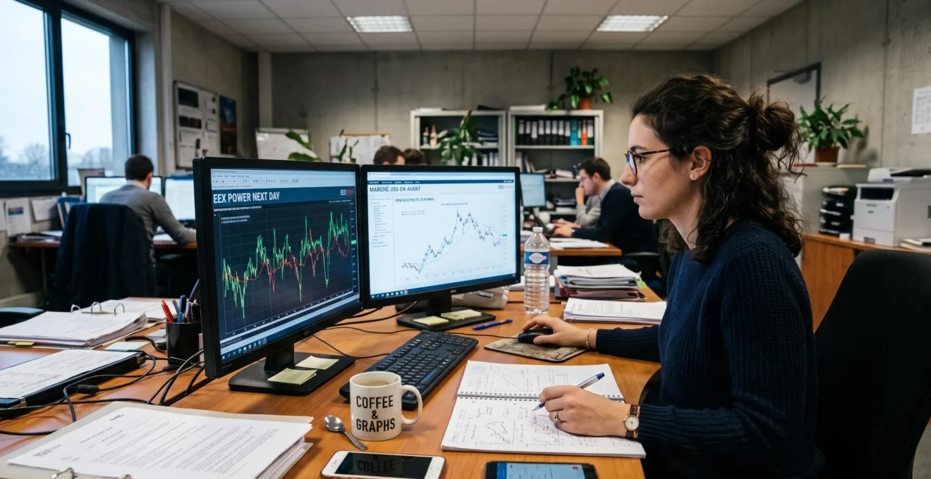 Une analyste étudie des courbes de prix de l'électricité volatiles sur deux écrans de bureau