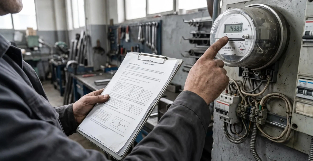 Des mains comparent un relevé de compteur électrique industriel avec des pages de contrat