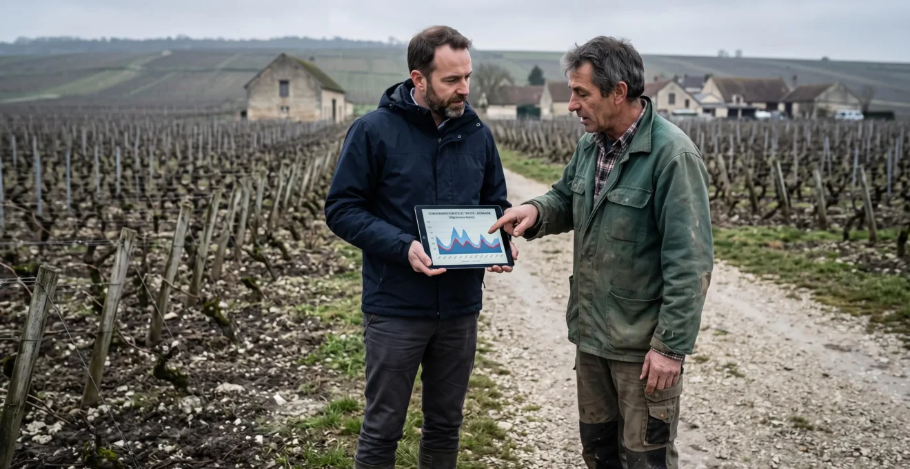 Un consultant en énergie et un viticulteur examinent des données de consommation électrique dans un vignoble près de Reims