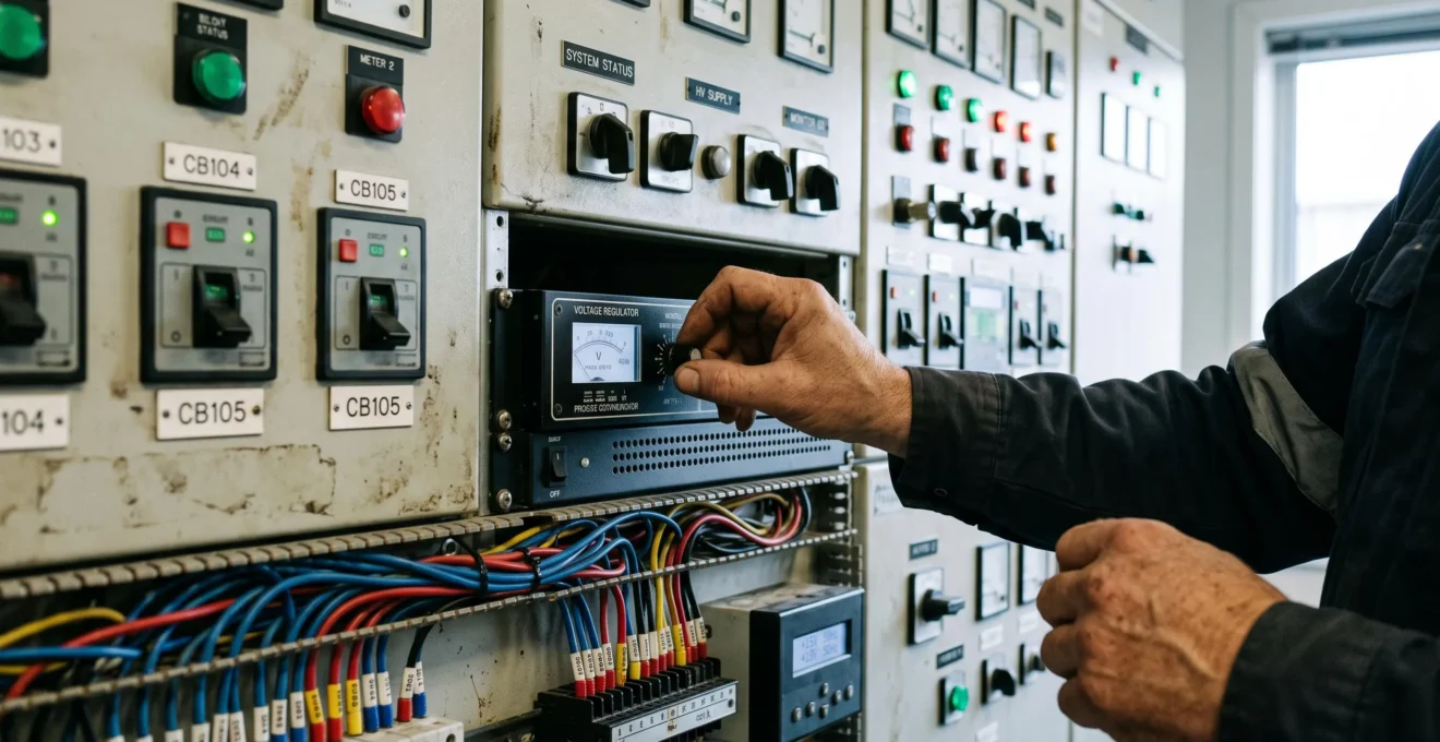 Un ingénieur règle un équipement de monitoring sur un tableau électrique.