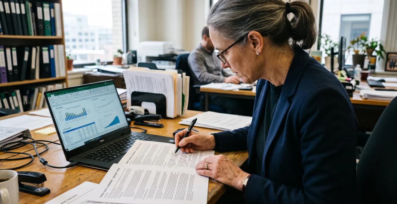Un responsable énergie compare des documents contractuels à son bureau.