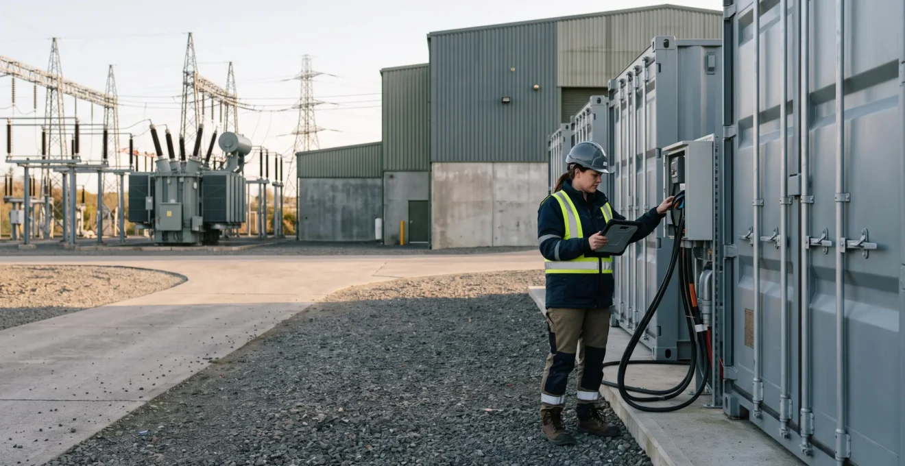 Un technicien vérifie une unité de stockage d'énergie devant un site industriel.
