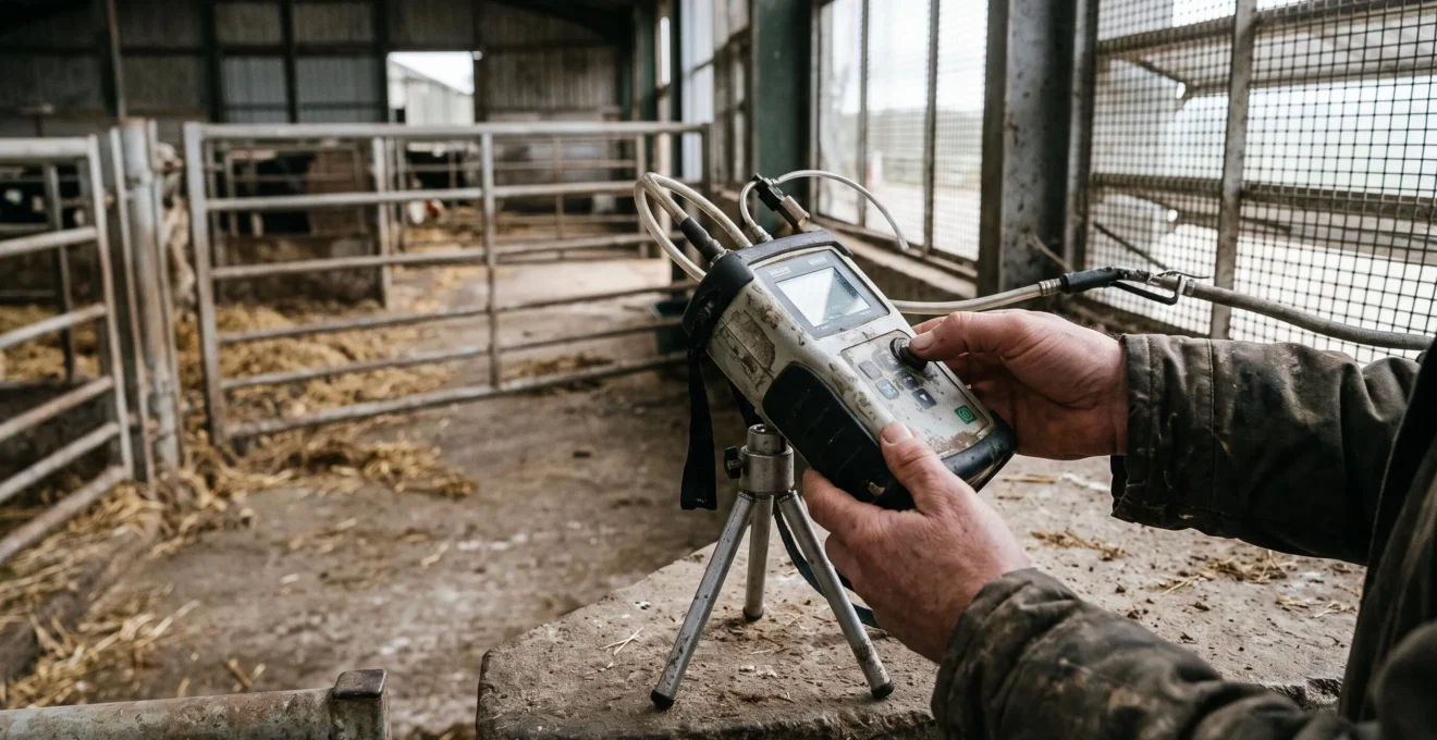 Un technicien mesure les émissions gazeuses avec un appareil portable près d'un bâtiment d'élevage.